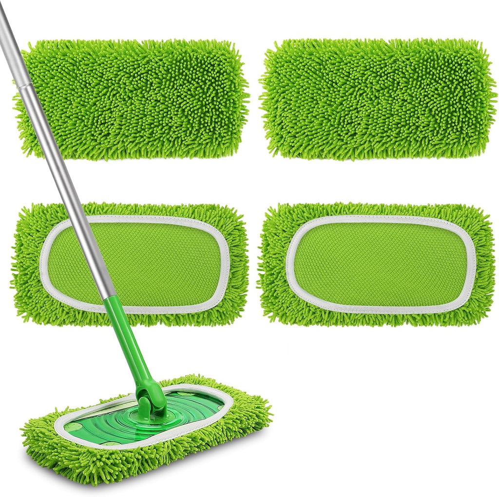 Set of 4 Reusable Microfiber Mop Pads Compatible with Swiffer Sweeper, Dry Sweeping Cloths, Washable Wet Mopping Cloth Refills for Floor Cleaning (Mop is Not Included) (4 Pack, Green)