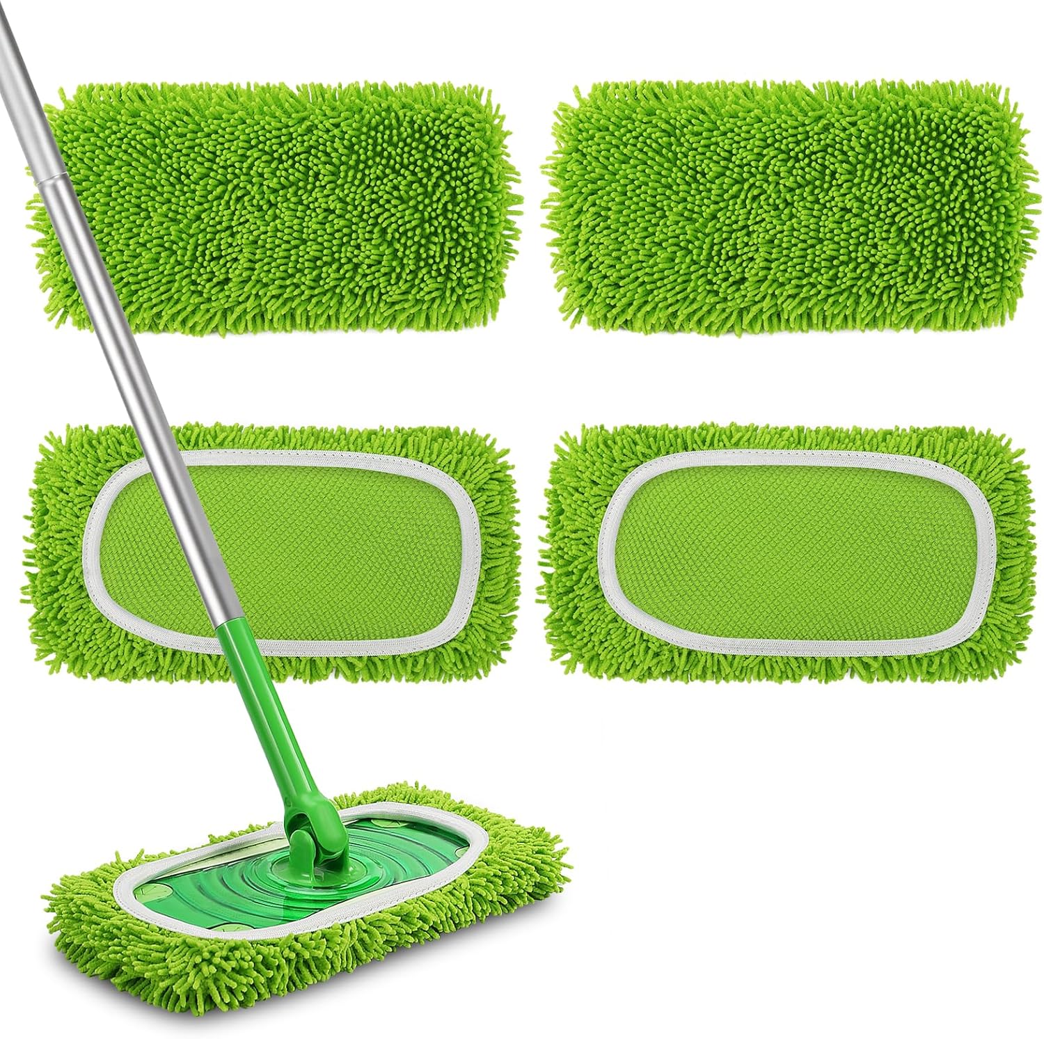 Set of 4 Reusable Microfiber Mop Pads Compatible with Swiffer Sweeper, Dry Sweeping Cloths, Washable Wet Mopping Cloth Refills for Floor Cleaning (Mop is Not Included) (4 Pack, Green)