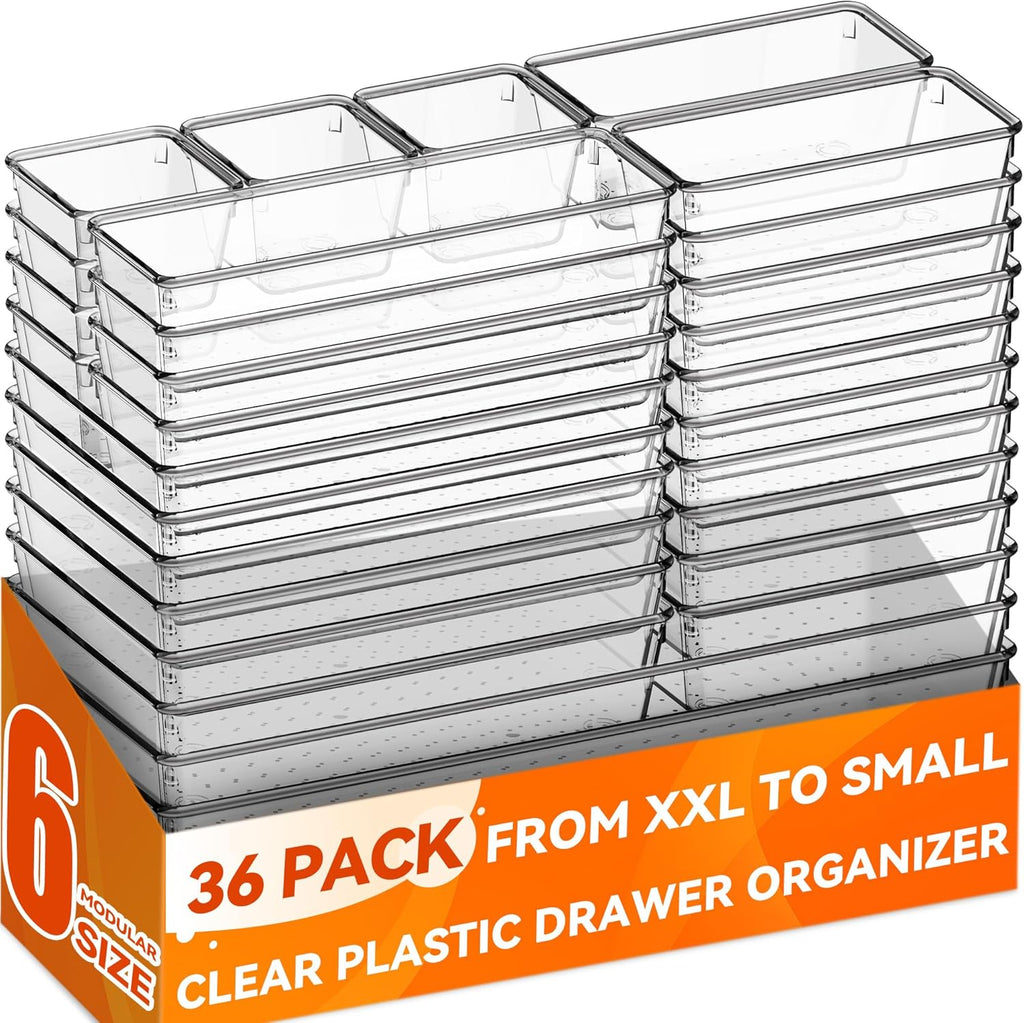 Criusia 36 Pack Large Clear Plastic Drawer Organizer Bins - 6 Size Acrylic Kitchen Drawer Organization and Storage for Utensils Gadgets, Office Bathroom and Vanity Organizer for Makeup Accessoires