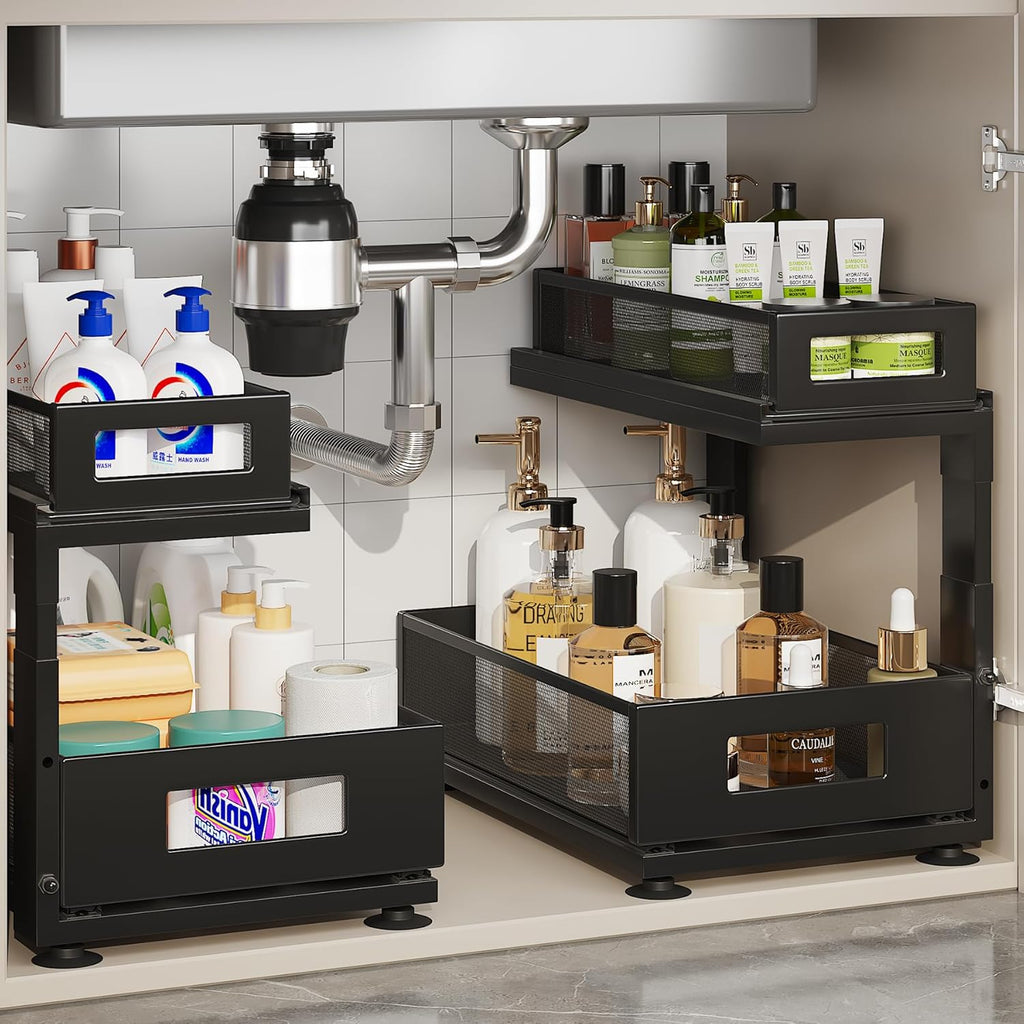 2 Pack Under Sink Organizer with Next-Gen Ball-Bearing Slides,2-Tier Pull Out Cabinet Storage,Height Adjustable Drawer Shelf for Bathroom,Kitchen,Laundry,Cabinet,Pantry(Patent Pending)