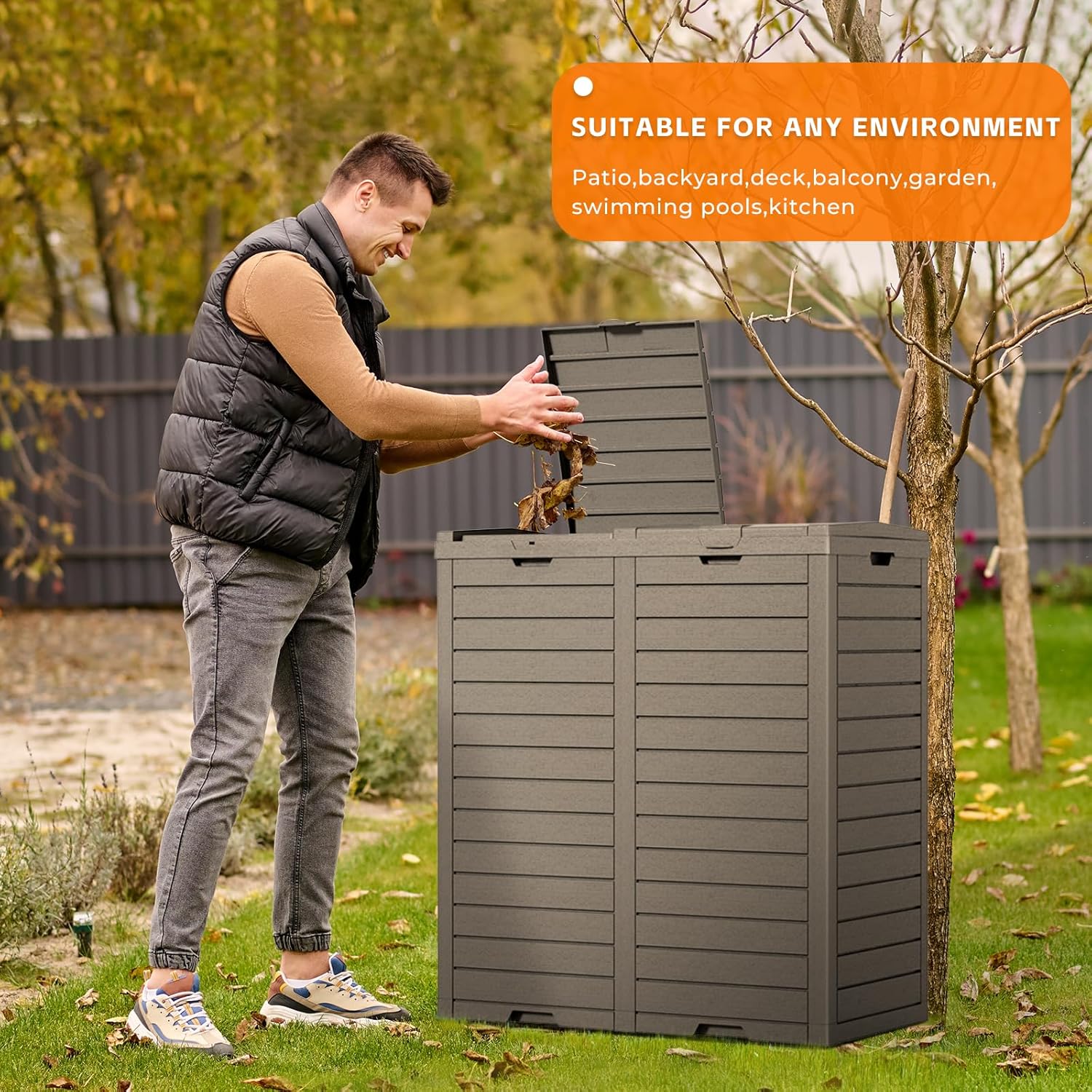 62-Gallon Outdoor Trash Can with lid, Waterproof, UV-Resistant Resin Garbage Can, Lockable Lid and Drip Tray, Animal-Proof, for Patio, Kitchen, Backyard and Deck