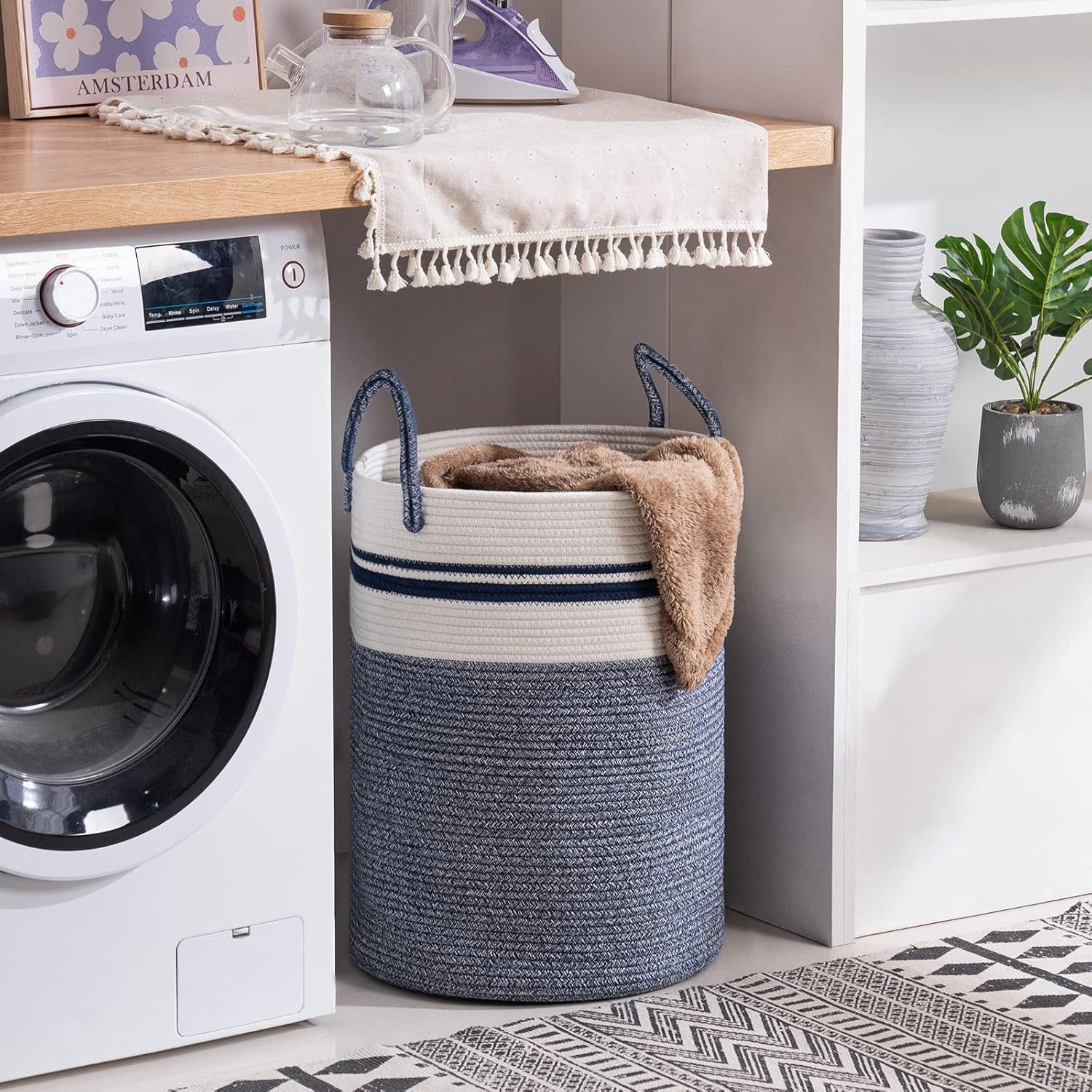 YOUDENOVA Woven Rope Laundry Hamper Basket, 72L Tall Laundry Basket, Baby Nursery Hamper for Blanket Storage in Bedroom-Large-Blue