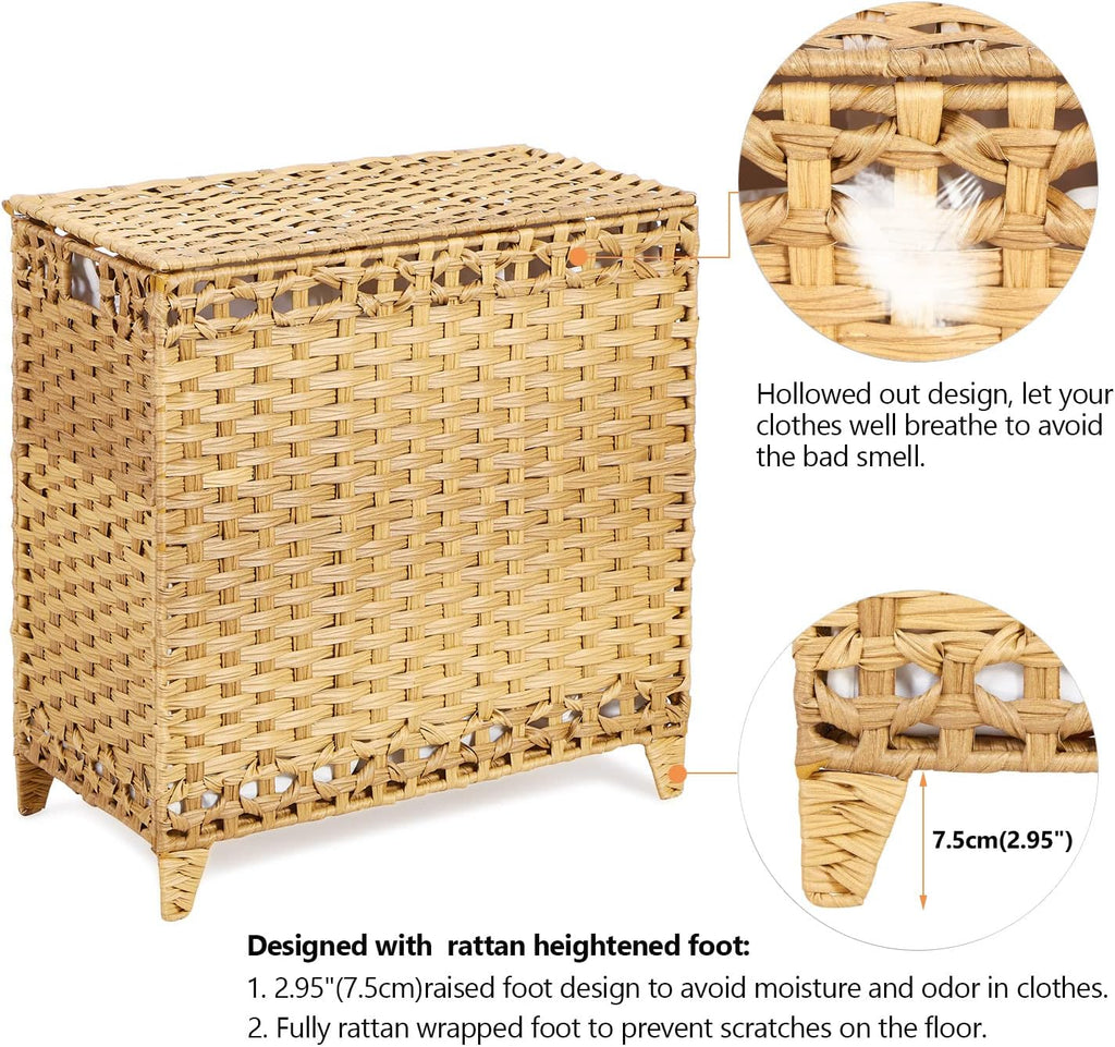 Laundry Hamper with 3 Removable Liner Bags; 132L Handwoven Rattan Laundry Basket with Lid & Heightened Feet; Clothes Hamper with Side Handles; Laundry Sorter with 3 Separate Sections (Natural)