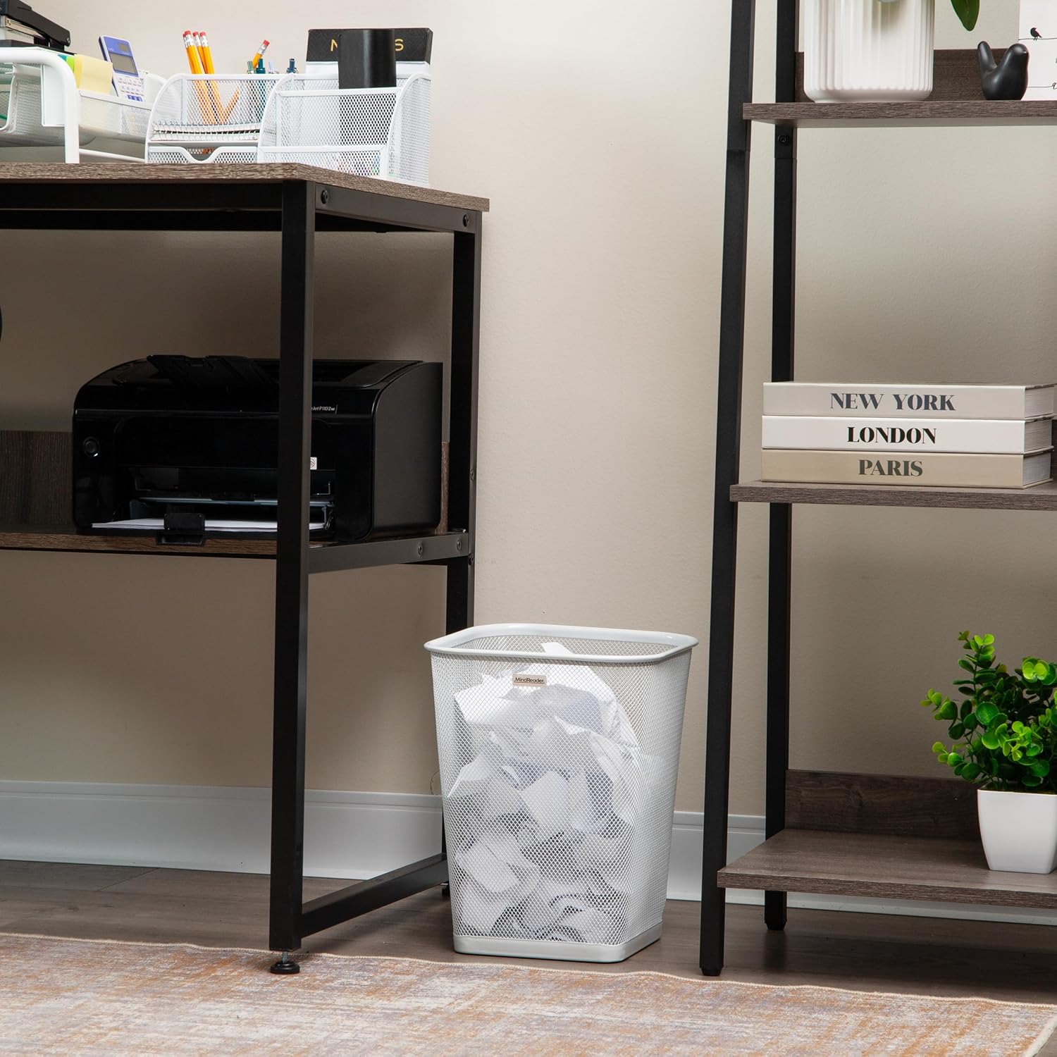 Mind Reader Mesh Trash Can, Square Wastebasket for Office or Home, 5 Gallon Capacity, Metal Mesh, Set of 2, White