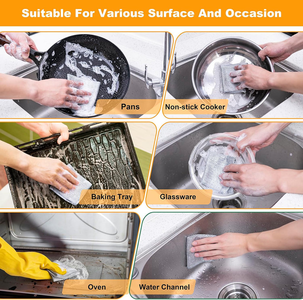 Inkhut Non Scratch Wire Dishcloth, Multipurpose Wire Dishwashing Rag for Wet and Dry, Multifunctional Dish Rags for Washing Dishes, Reusable Steel Wool Scrubber for Kitchen Cleaning