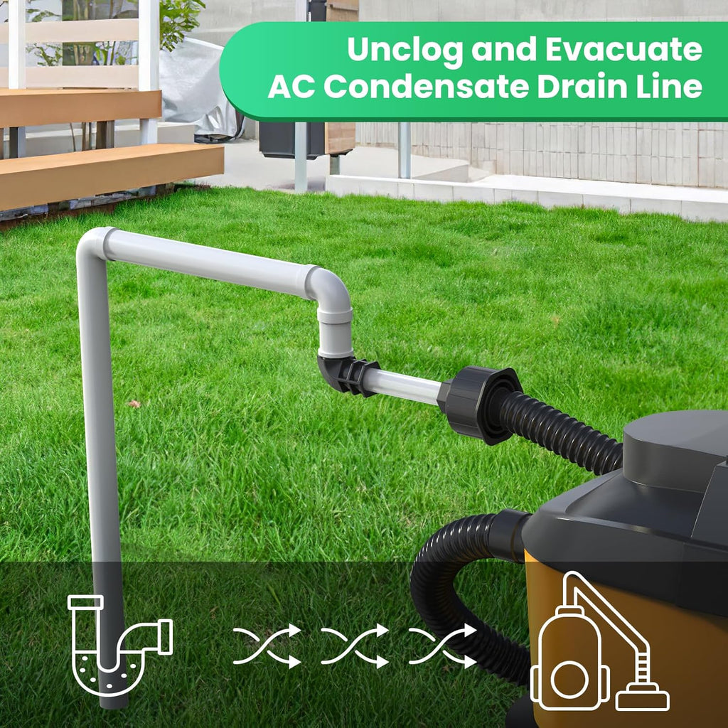 AC Drain Line Unclogger, HVAC to PVC Pipe AC Drain Line Cleaner Tool, A/C Condensate Drain Line Cleaner Adapter, AC Drain Sucker Wet Vac Attachment to Evacuate & Unclog AC Drain Lines-Black