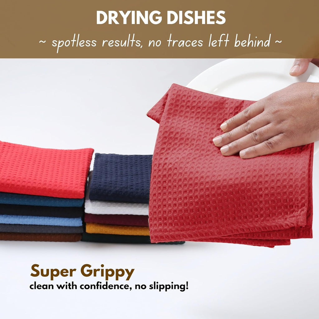 Native Fab Cotton Kitchen Towel with Hanging Loop 16x26 inches, 6-Pack, Waffle Weave Kitchen Towels for Cleaning Drying, Washcloths Soft & Absorbent Cloth Rags, Bar Towel, Dish Cloth, Red
