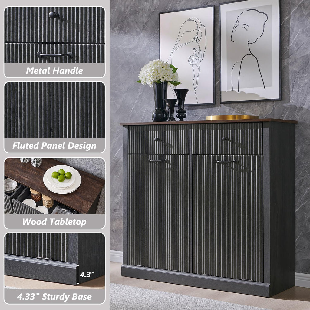 Modern Double Tilt-Out Trash Cabinet, 20 Gallon Fluted Laundry Hamper Cabinet with 2 Drawers, Wooden Hidden Garbage Can Cabinet with Storage Basket, Free Standing for Kitchen & Living Room, Grey