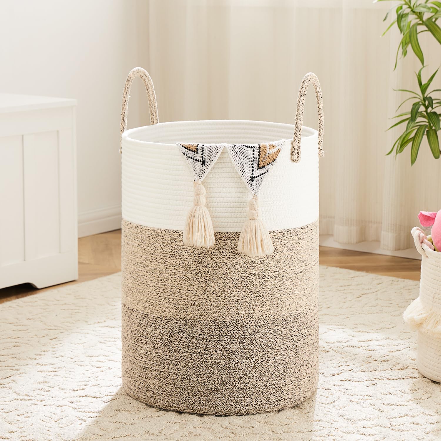 Laundry Basket,Woven Cotton Rope Laundry Hamper,60L for Decorative Storage of Dirty Clothes,Toys and Blankets in Bathroom,Bedroom and Living Room