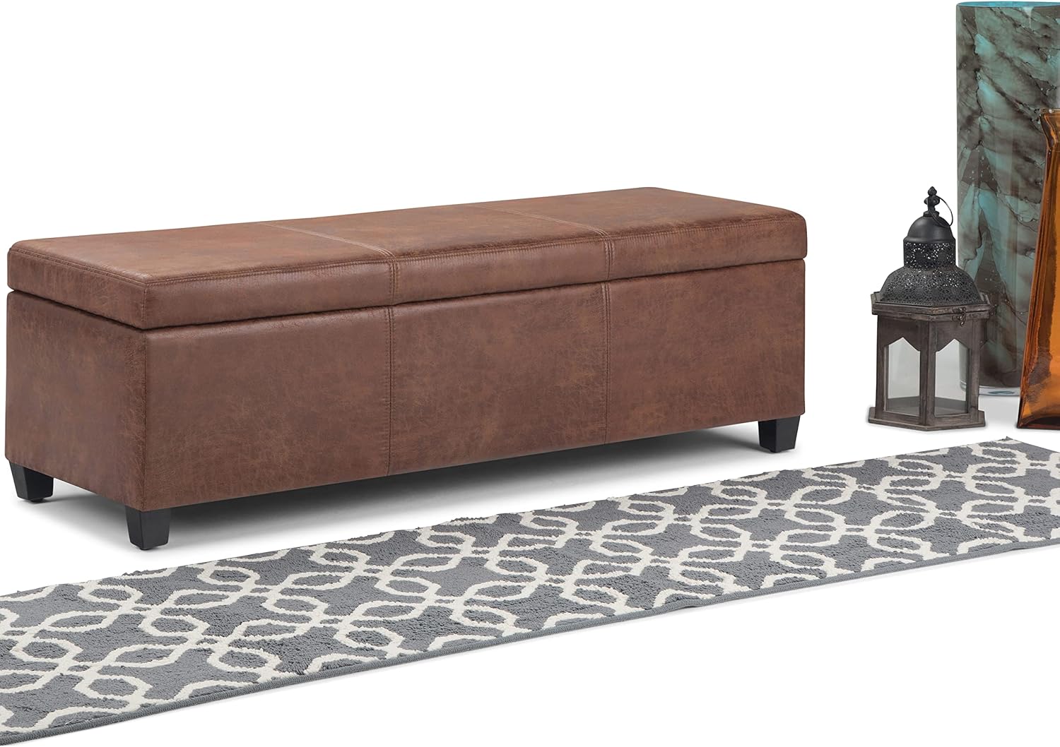 SIMPLIHOME Avalon 48 inch Wide Contemporary Rectangle Storage Ottoman Bench in Distressed Umber Brown Vegan Faux Leather, Assembled, For the Living Room, Entryway and Family Room