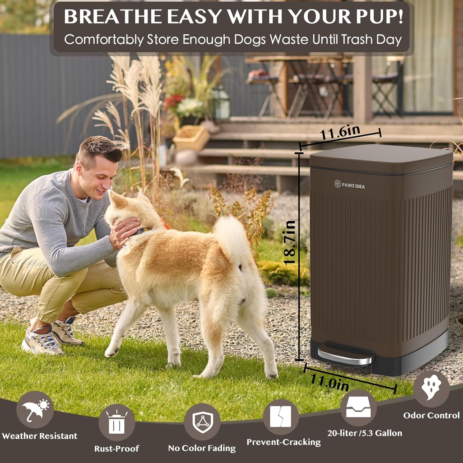 PAWZIDEA Dog Poop Trash Can Outside Odor Control, 5.3 Gallon Large Dog Waste Trash Can with Lid, Waterproof Poop Disposal Bin Outdoor Garbage Can, Activated Carbon Pet Waste Station Container Backyard