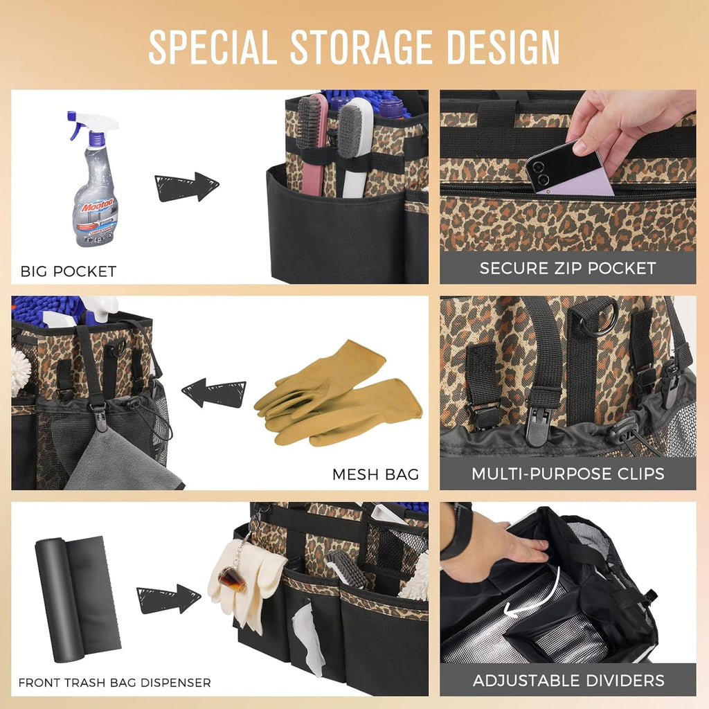 Wearable Cleaning Caddy, Cleaning Caddy Supplies Organizer with Handle & Shoulder Straps for Housekeepers, Under Sink & Car Cleaning Tool Organizers Bag with 4 Foldable Divider (Leopard)
