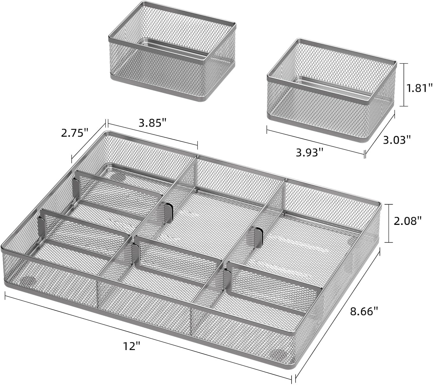 Marbrasse 3 Packs Desk Drawer Organizers, Metal Mesh Dividers with 9 Adjustable Compartments, Pen Organizer for Drawer Tray Box Accessories for Desktop,Kitchen, Makeup(Silver)