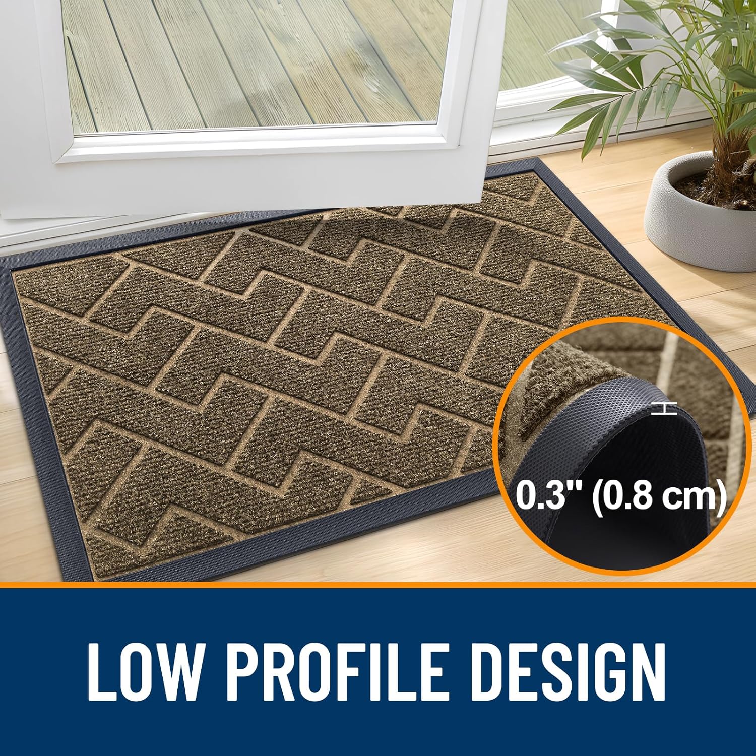 OLANLY Front Door Mat Indoor Outdoor Entrance, Waterproof All-Season, All-Weather Doormat, Sturdy Natural Rubber, Low Profile, Easy Clean Patio Porch Entryway Mat, Herringbone Brick (Brown, 59x35)