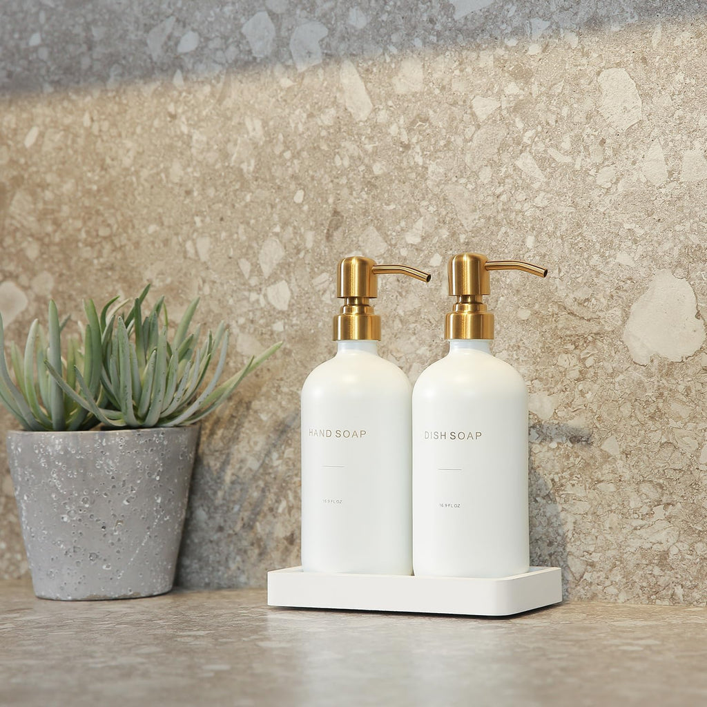 Gold Soap Dispenser Set, Glass Soap Dispenser with Stainless Steel Pump, Perfect for Modern Kitchen Counter Decor. (Gold)