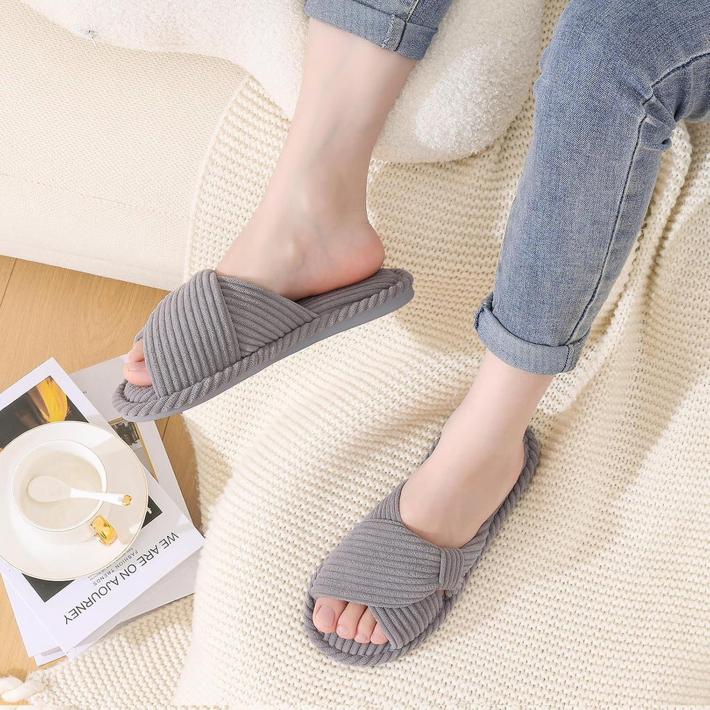 Evshine Summer House Slippers for Women Corduroy Cross Bow Indoor Slippers Open Toe Slip On Bedroom Shoes with Memory Foam
