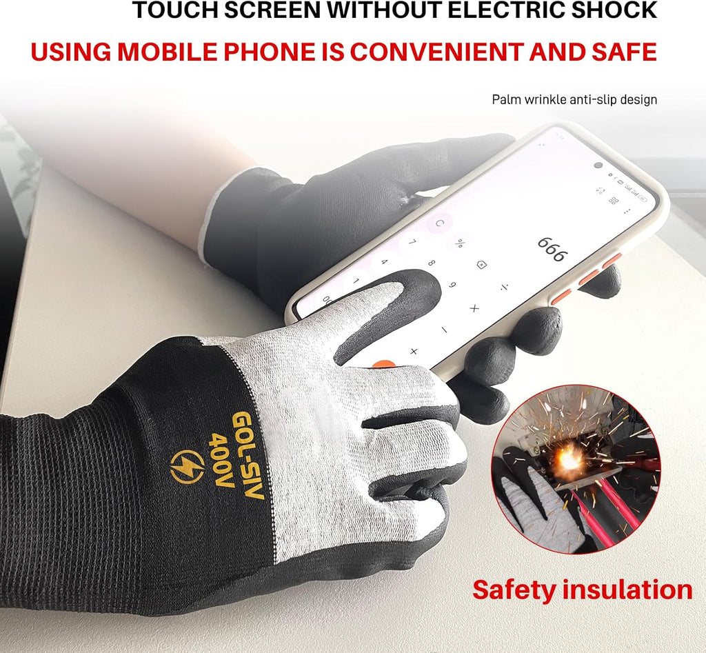 400V Electrician Gloves - Insulated Electrical Gloves For Electrician,Flame Retardant,Rubber Safety Non Slip Work Gloves,Low Voltage,Touch Screen (Black,Large)