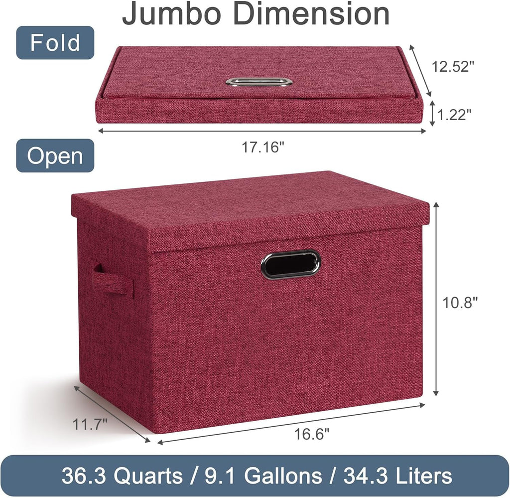 Large 17" 36 Quart Collapsible Stackable Storage Bins with Lids, 3 Packs Bright Red Linen Fabric Closet Boxes with Lids, Storage Cube Baskets Container Organizers for Office (17x12x11)