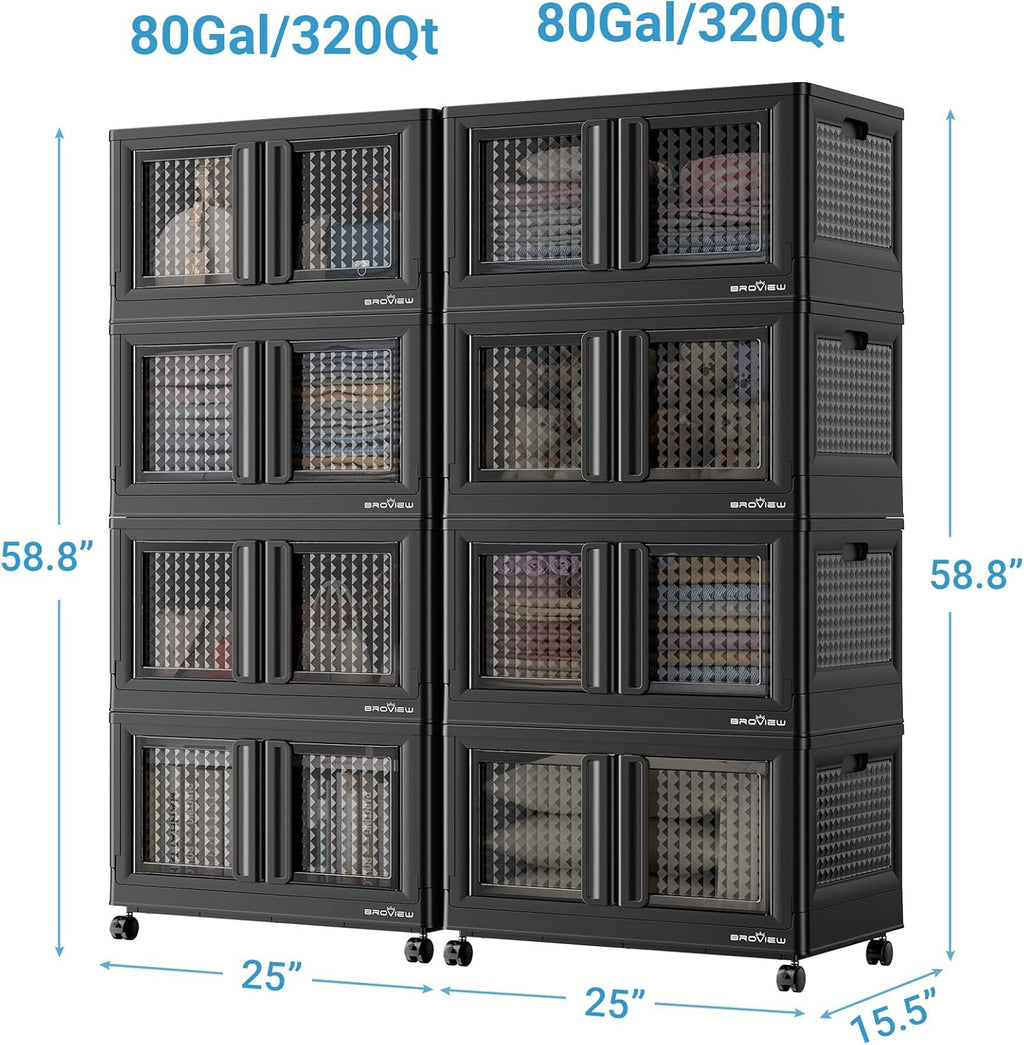 BROVIEW 160Gal Stackable Storage Bins with Lids & Wheels, 640Qt Plastic Collapsible Closet Organizer and Storage Drawers, Storage Boxes Cabinets for Home, Office, 8 Pack, Black