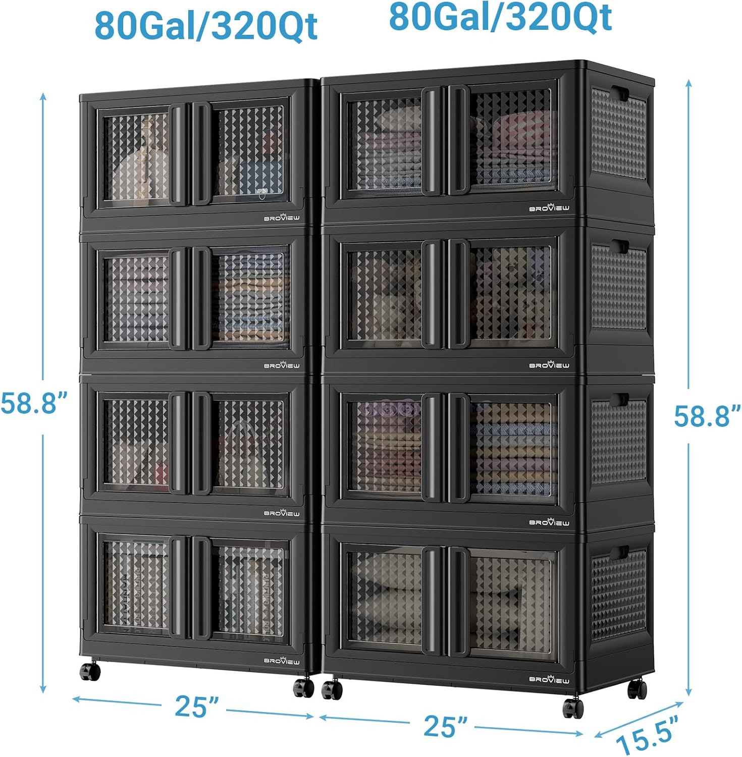 BROVIEW 160Gal Stackable Storage Bins with Lids & Wheels, 640Qt Plastic Collapsible Closet Organizer and Storage Drawers, Storage Boxes Cabinets for Home, Office, 8 Pack, Black