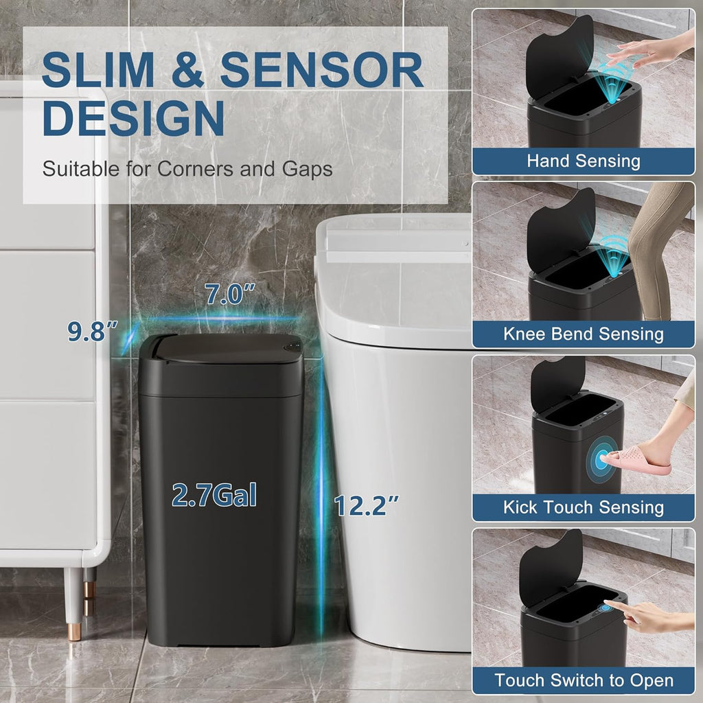 2 Pack 2.7 Gal Bathroom Trash Can with Lid, Automatic Trash Can Small Smart Garbage Can Touchless, Slim Motion Sensor Waterproof Plastic Trash Bins for Bedroom Office Kitchen Toilet Black