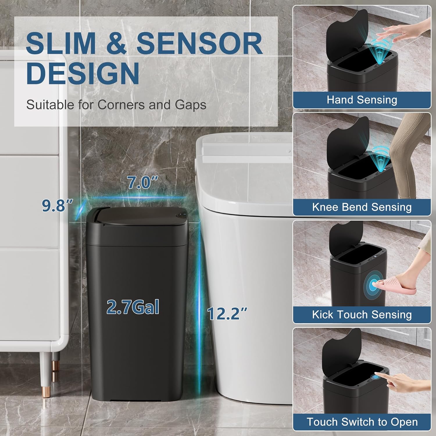 2 Pack 2.7 Gal Bathroom Trash Can with Lid, Automatic Trash Can Small Smart Garbage Can Touchless, Slim Motion Sensor Waterproof Plastic Trash Bins for Bedroom Office Kitchen Toilet Black