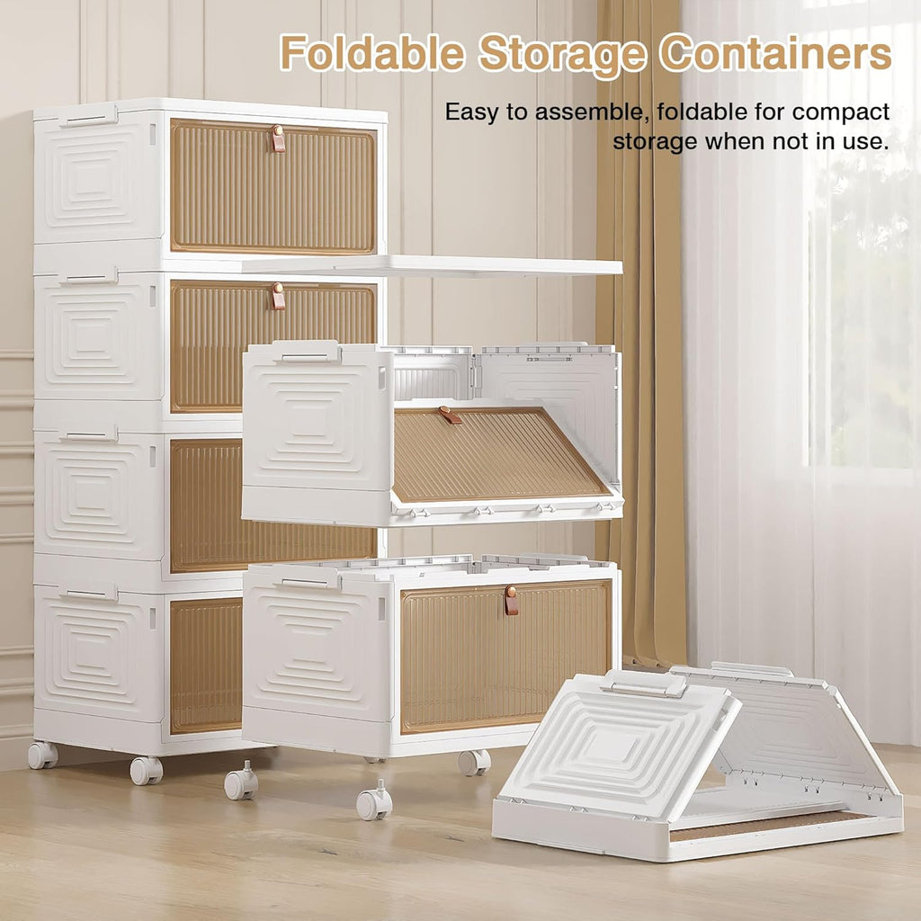 VECELO 4 Tier Storage Bins with Lid, Stackable Storage Boxes with Magnetic Doors & Wheels, Foldable Storage Containers, 23 QT Closet Organizers and Storage for Living Room, Office, Dorm