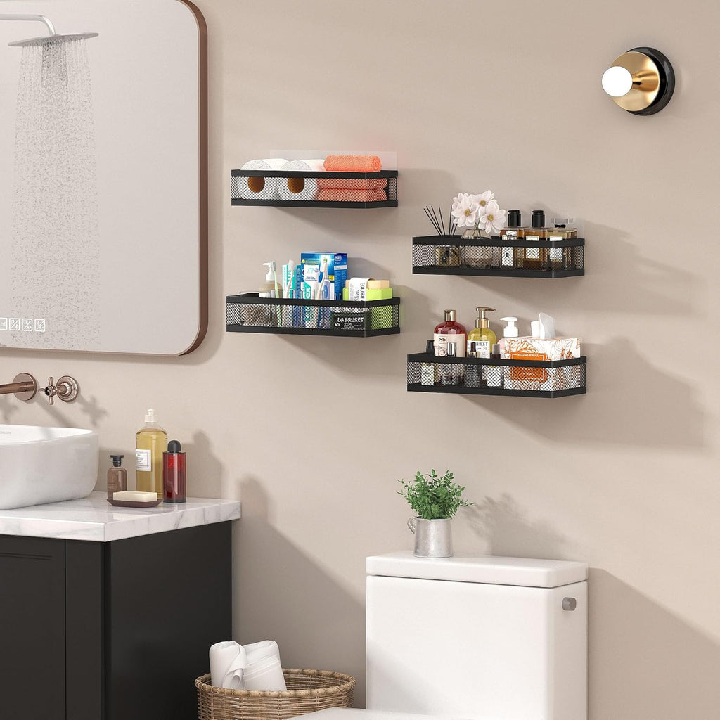 PUSDON Hanging Storage Baskets Organizer Wall Mount, Metal Wire Storage Bin Rack for Kitchen Bathroom Shower Spice Shelf Home Decor Essentials Black-2 Packs (Netting)