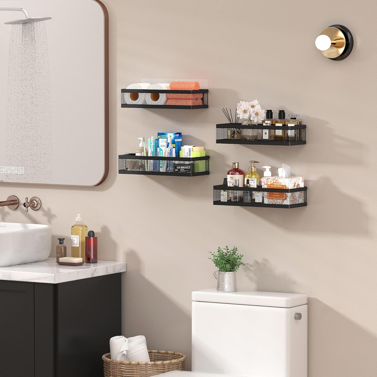 PUSDON Hanging Storage Baskets Organizer Wall Mount, Metal Wire Storage Bin Rack for Kitchen Bathroom Shower Spice Shelf Home Decor Essentials Black-2 Packs (Netting)