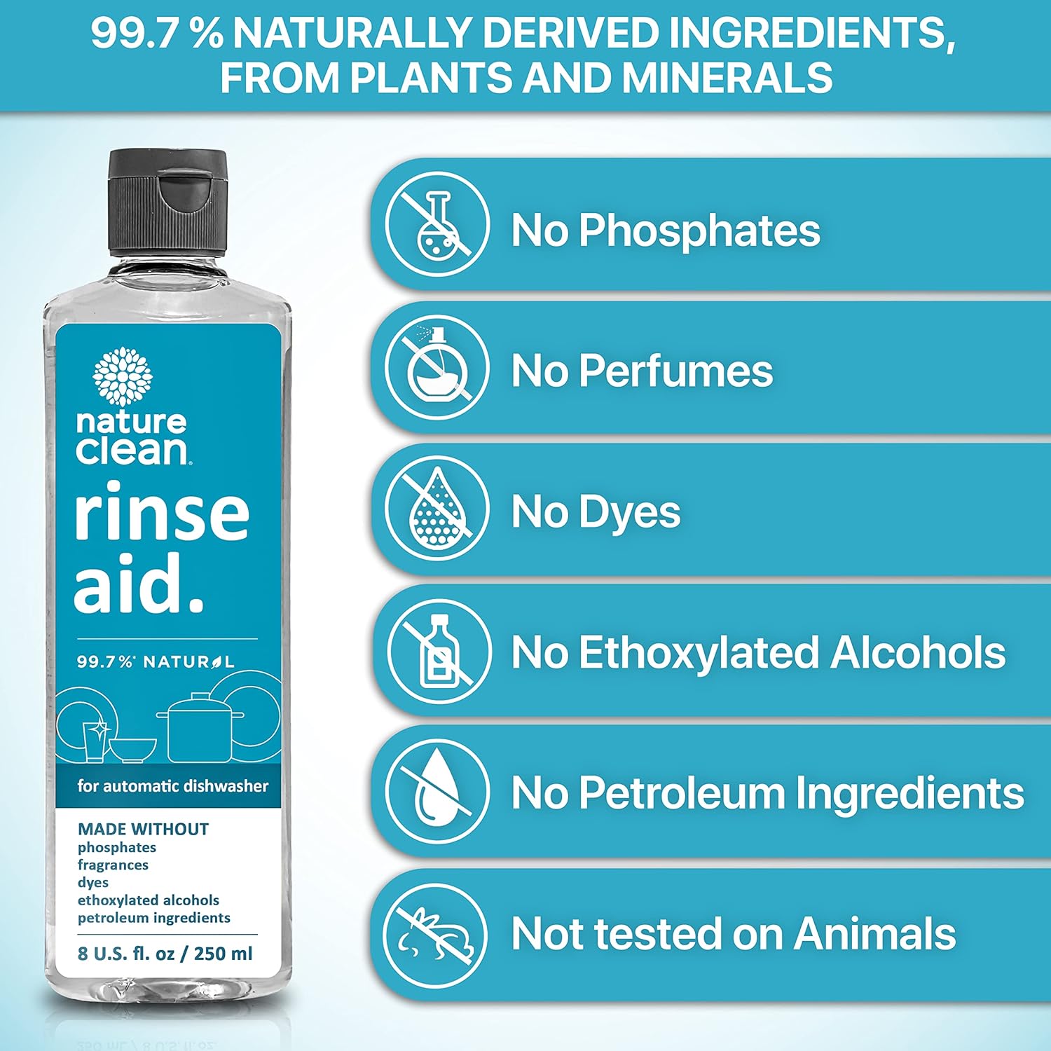 Nature Clean Natural Dishwasher Rinse Aid Liquid, Plant-Based Dishwasher Drying Agent with 99.7% Natural Ingredients, Unbelievable Power and No Nasty Chemicals. Hard Water Stain Remover. 8 oz 2-pack