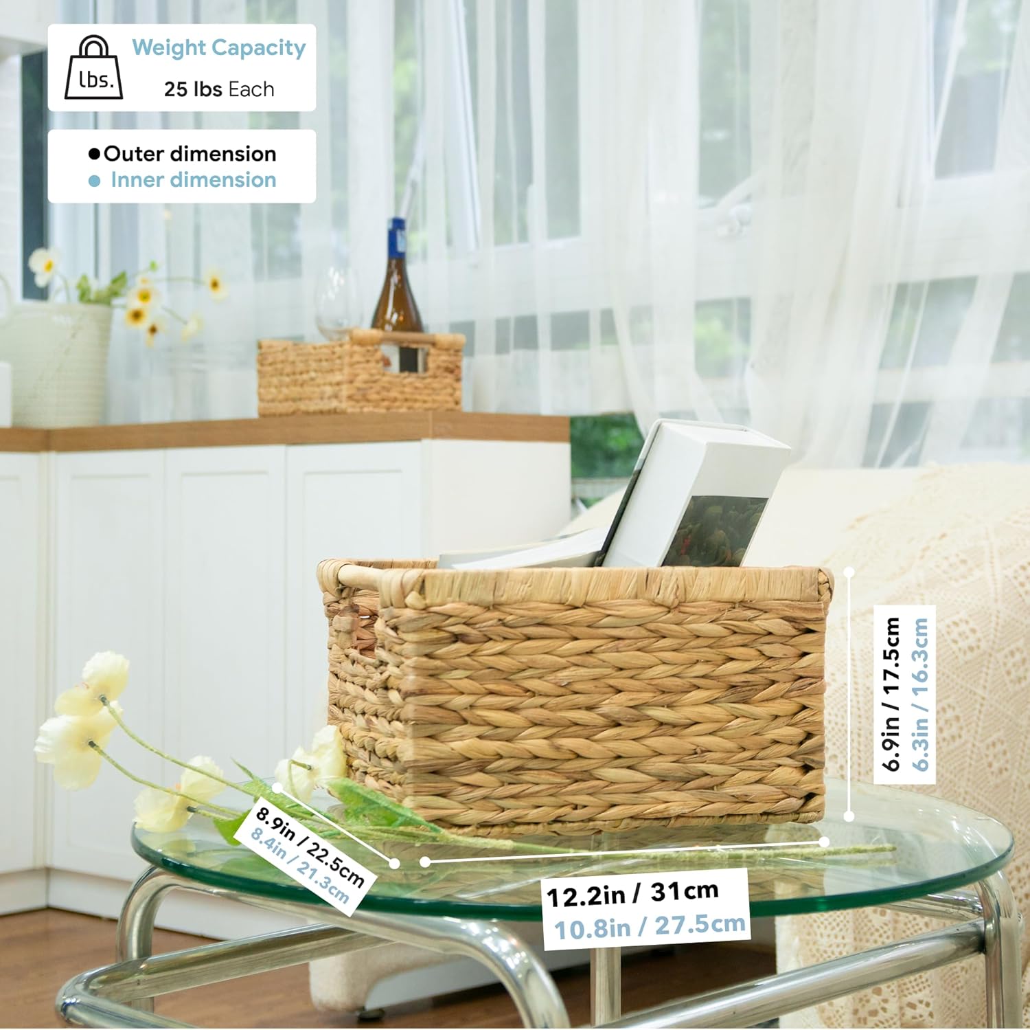 Natural Water Hyacinth storage basket with Handle, Rectangular Organizing Basket for Organizing, Decorative Wicker Storage Bins for Living Room, Medium Wicker Baskets - 3 Pack Medium
