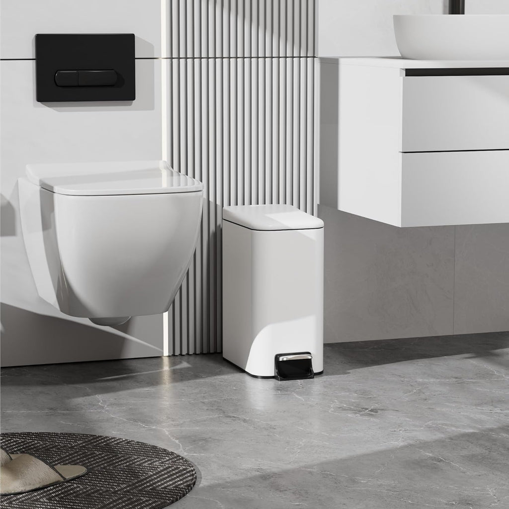 Small Trash Can with Lid Soft-Close, 6 L/1.6 Gal Bathroom Garbage Can with Removable Inner Bucket, Step Pedal, Stainless Steel Wastebasket for Kitchen, Bathroom, Bedroom, Office, White
