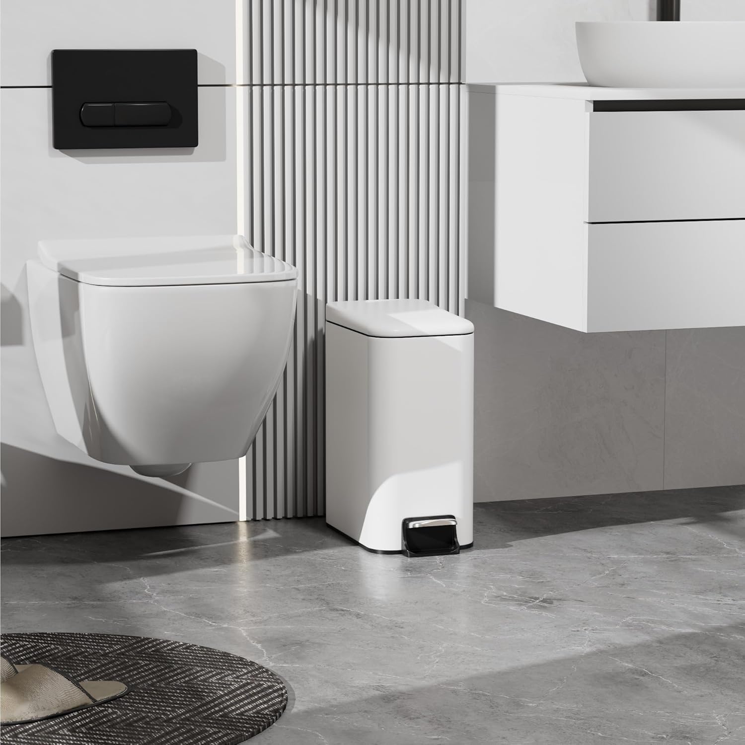 Small Trash Can with Lid Soft-Close, 6 L/1.6 Gal Bathroom Garbage Can with Removable Inner Bucket, Step Pedal, Stainless Steel Wastebasket for Kitchen, Bathroom, Bedroom, Office, White
