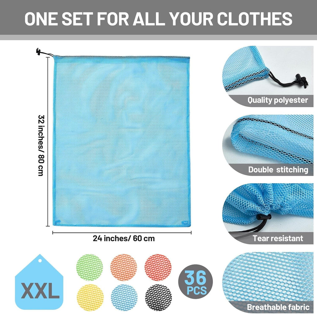 Berlune 36 Pcs Large Laundry Bag Colorful Extra Large Mesh Laundry Bag Bulk with Drawstring Heavy Duty Mesh Machine Washable Drawstring Pouch (32 * 24in)