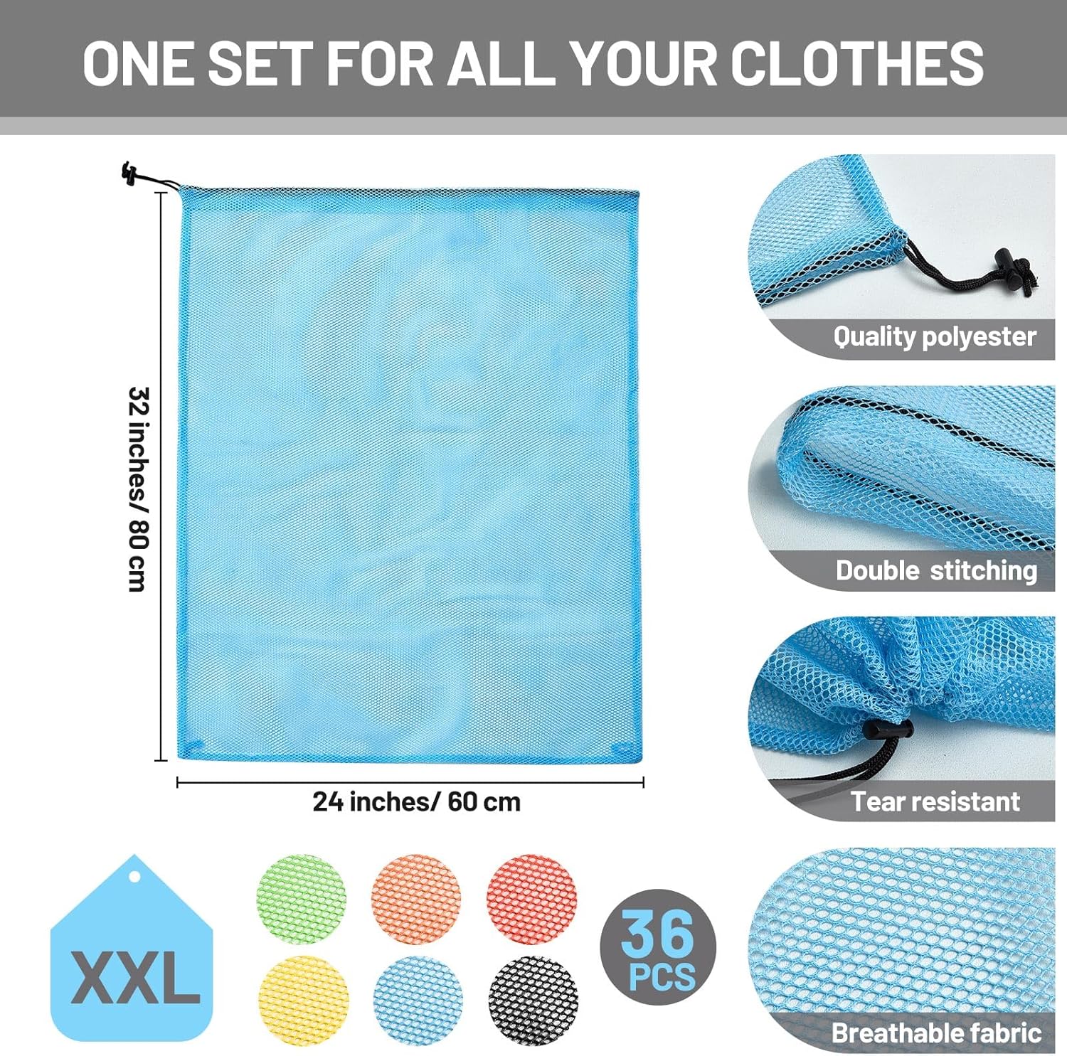 Berlune 36 Pcs Large Laundry Bag Colorful Extra Large Mesh Laundry Bag Bulk with Drawstring Heavy Duty Mesh Machine Washable Drawstring Pouch (32 * 24in)
