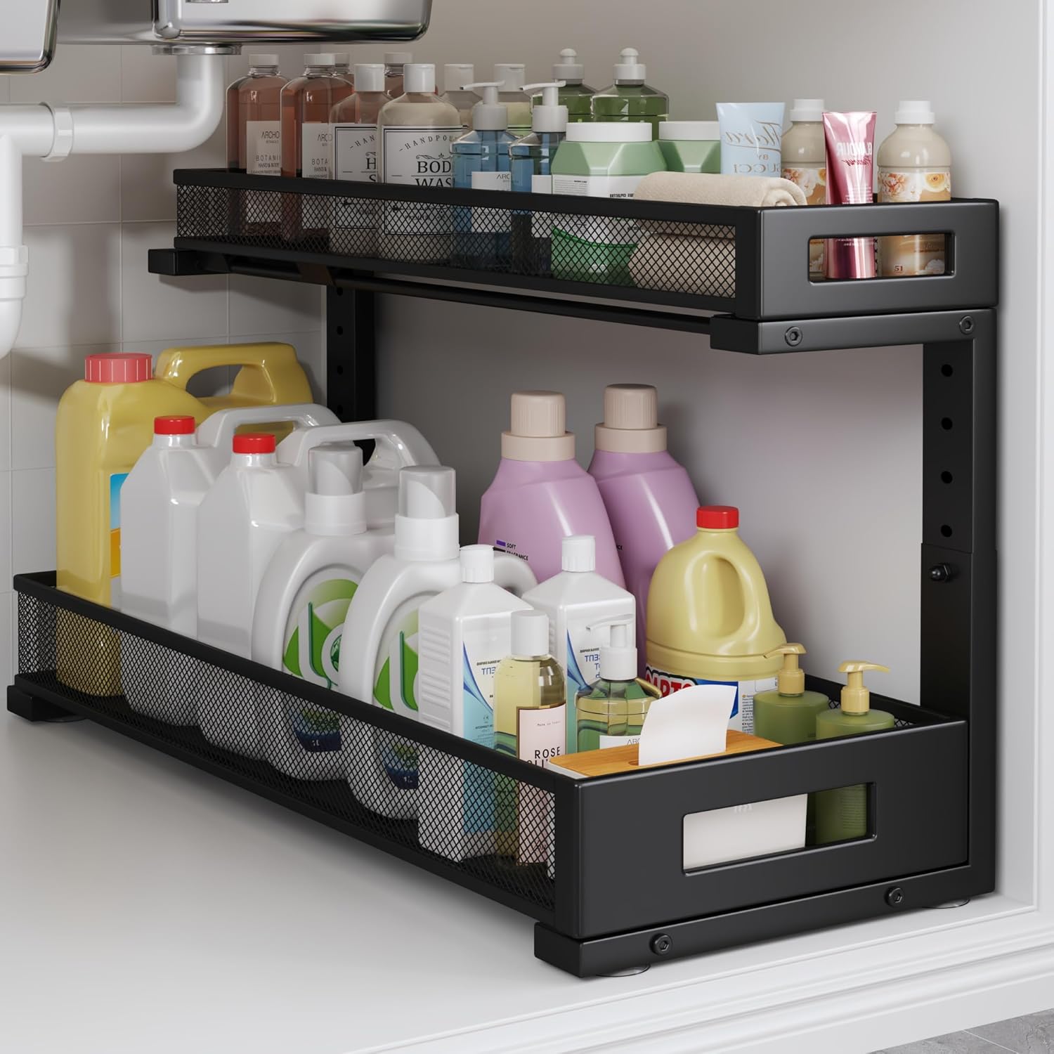 1 Pack 20.47IN Depth Under Sink Storage Organizer, Large 2-Tier Elegant Mesh Pull Out Shelf for Kitchen and Bathroom Cabinet Organization, L-Shaped and Adjustable Height Design-Black