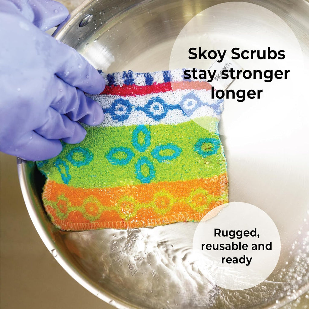 Skoy Scrub, 1-Piece Reusable, Non-Scratching Dish Scrubber for Kitchen and Household Cleaning, Planet-Friendly, Dishwasher Safe Soft Scrub, Assorted Colors and Designs