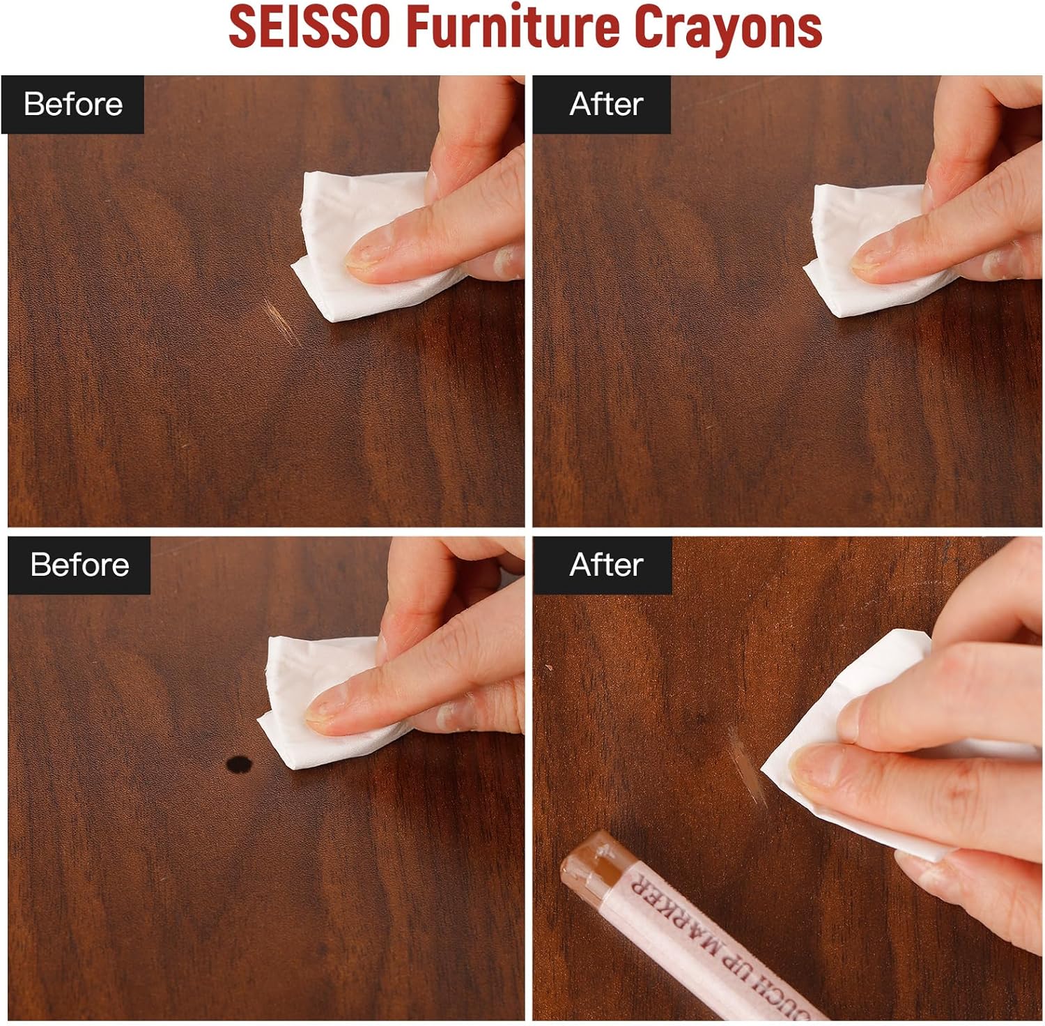 SEISSO Wood Filler Sticks- 6 Pcs, Furniture Repair Wax Crayons, Furniture Marking Repair - Scratch, Cracks, Hole, Table, Wood Floor, Guitar - Crimson Rose
