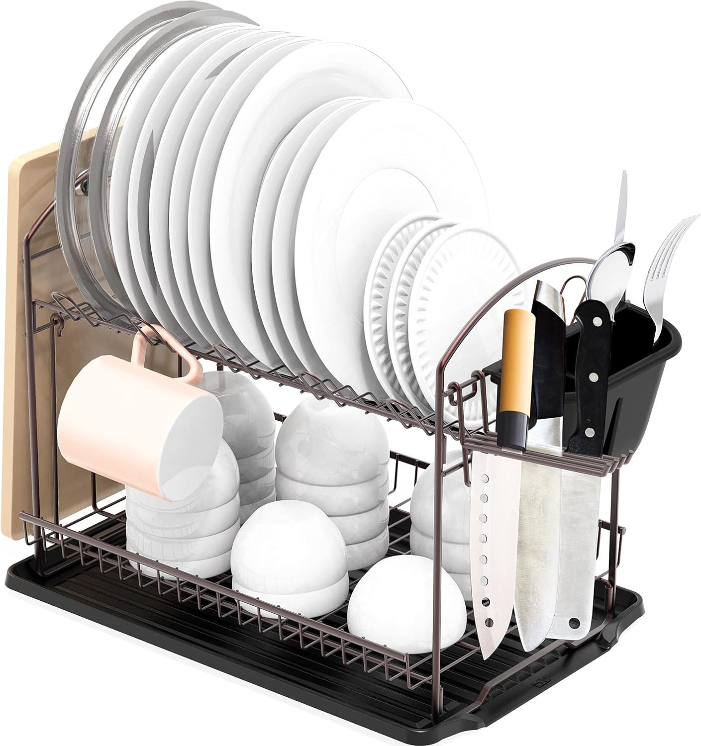 SIMPLE HOUSEWARE 2-Tier Dish Rack with Drainboard, Bronze
