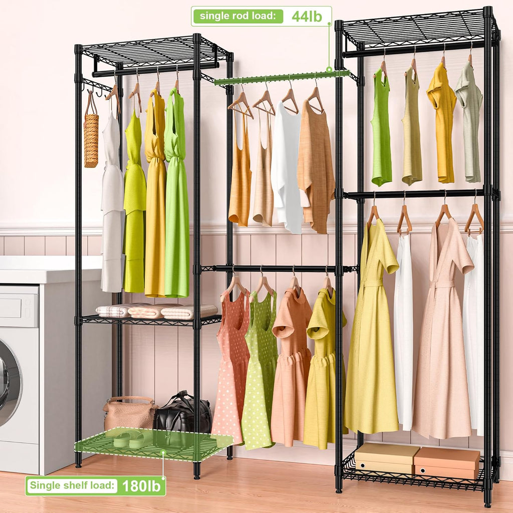 Heavy Duty Clothes Rack, Freestanding Garment Rack System Closet Organizer for Hanging Clothes, Metal Wire Clothing Rack with 5 Shelves & 5 Rods,Adjustable Wardrobe Shelf,Black