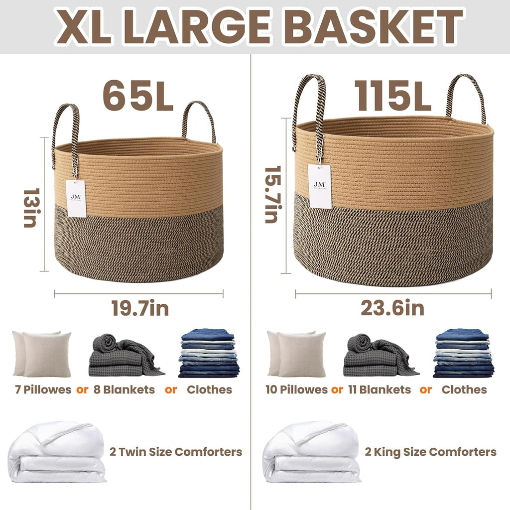 Woven Blanket Basket,115L Large Rope Storage Bin with Handles, Organizer for Blankets Toys Book and Clothes, Laundry Basket for Living Room Bedroom Nursery,Jute&Black