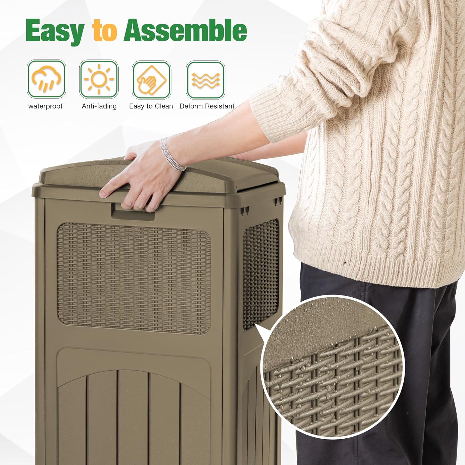 Flamaker 30 Gallon Trash Can, Resin Outdoor Garbage Can with Lid, Waterproof Hideaway Patio Waste Bins for Outside Use (Brown)