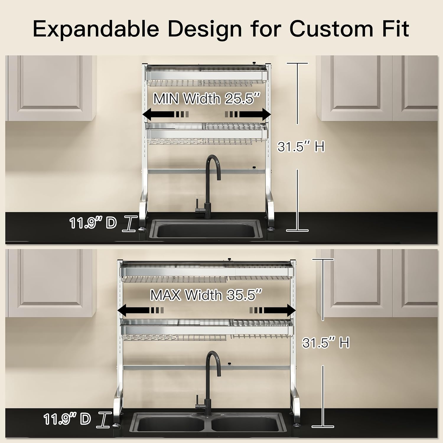 3 Tier Extra Large Stainless Steel Expandable Over The Sink Dish Drainer Drying Rack, Rust Proof Metal, Space Saving, Modern Silver Big Capacity Extendable Plate Strainers Above Kitchen Counter