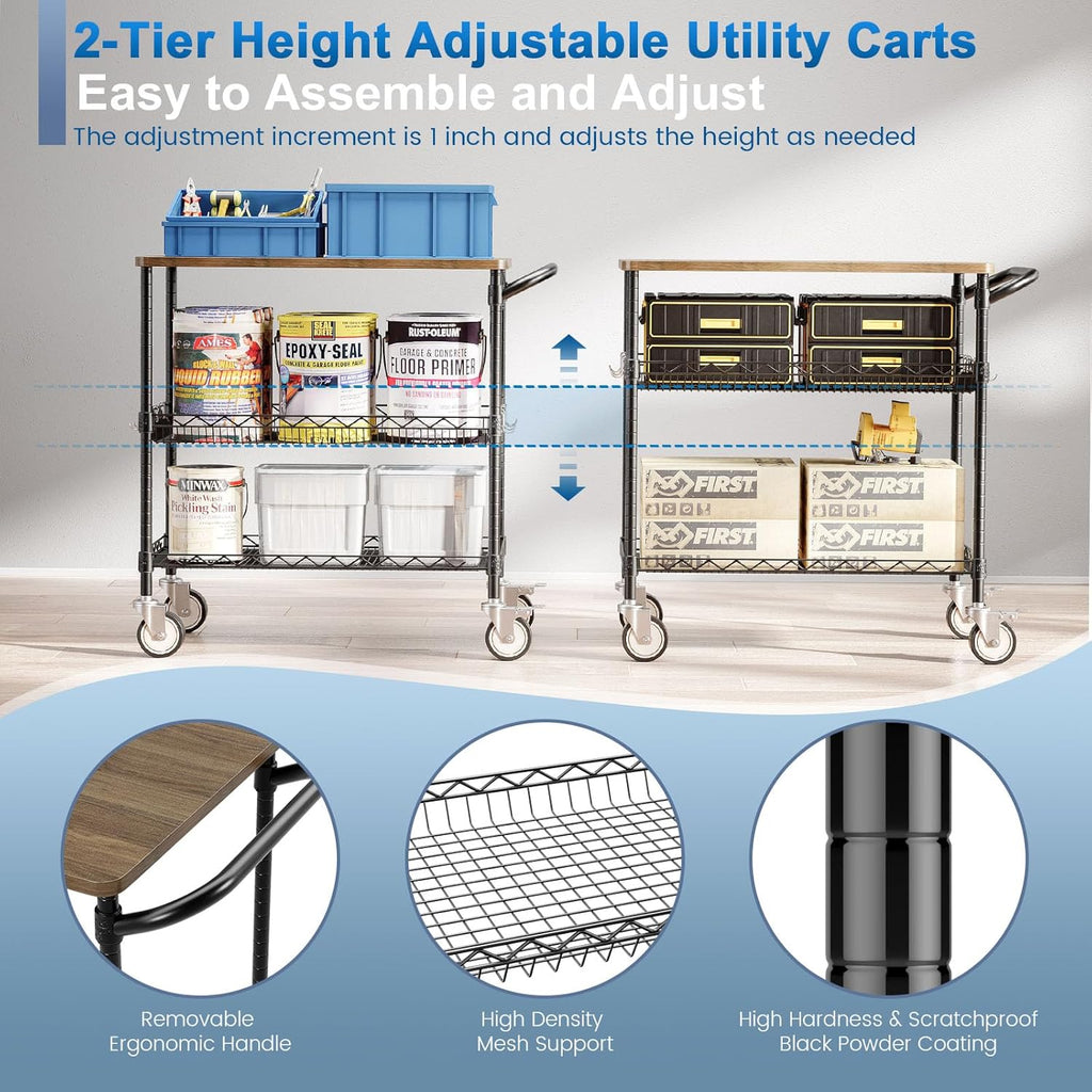 Leteuke Rolling Kitchen Carts with Wheels, 34" L x 17.5" W, 3-Tier Heavy Duty Utility Cart with Wood Tabletop, NSF Commercial Metal Serving Cart with Handle and Shelf Liner for Kitchen, Black