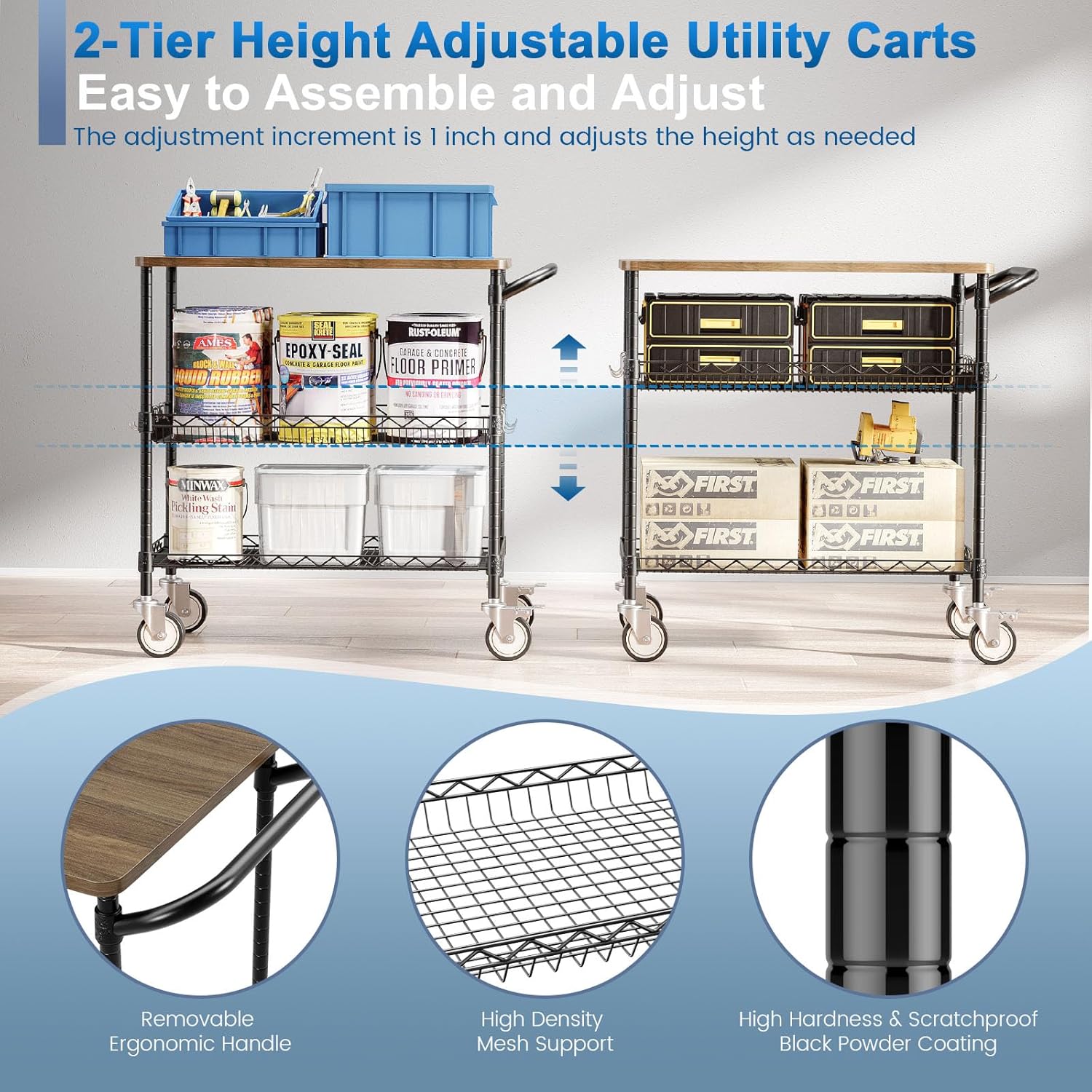 Leteuke Rolling Kitchen Carts with Wheels, 34" L x 17.5" W, 3-Tier Heavy Duty Utility Cart with Wood Tabletop, NSF Commercial Metal Serving Cart with Handle and Shelf Liner for Kitchen, Black