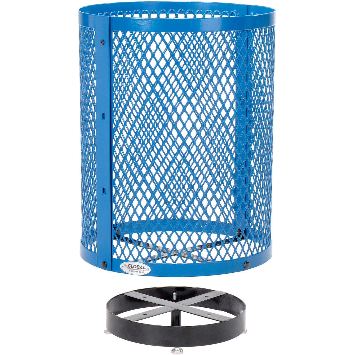 Global Industrial Outdoor Diamond Steel Trash Can with Rain Bonnet Lid, Raised Base and Plastic Liner, 36 Gallon Capacity, Blue, Thermoplastic Coating, 23-1/2" Diameter, 43-1/2"H