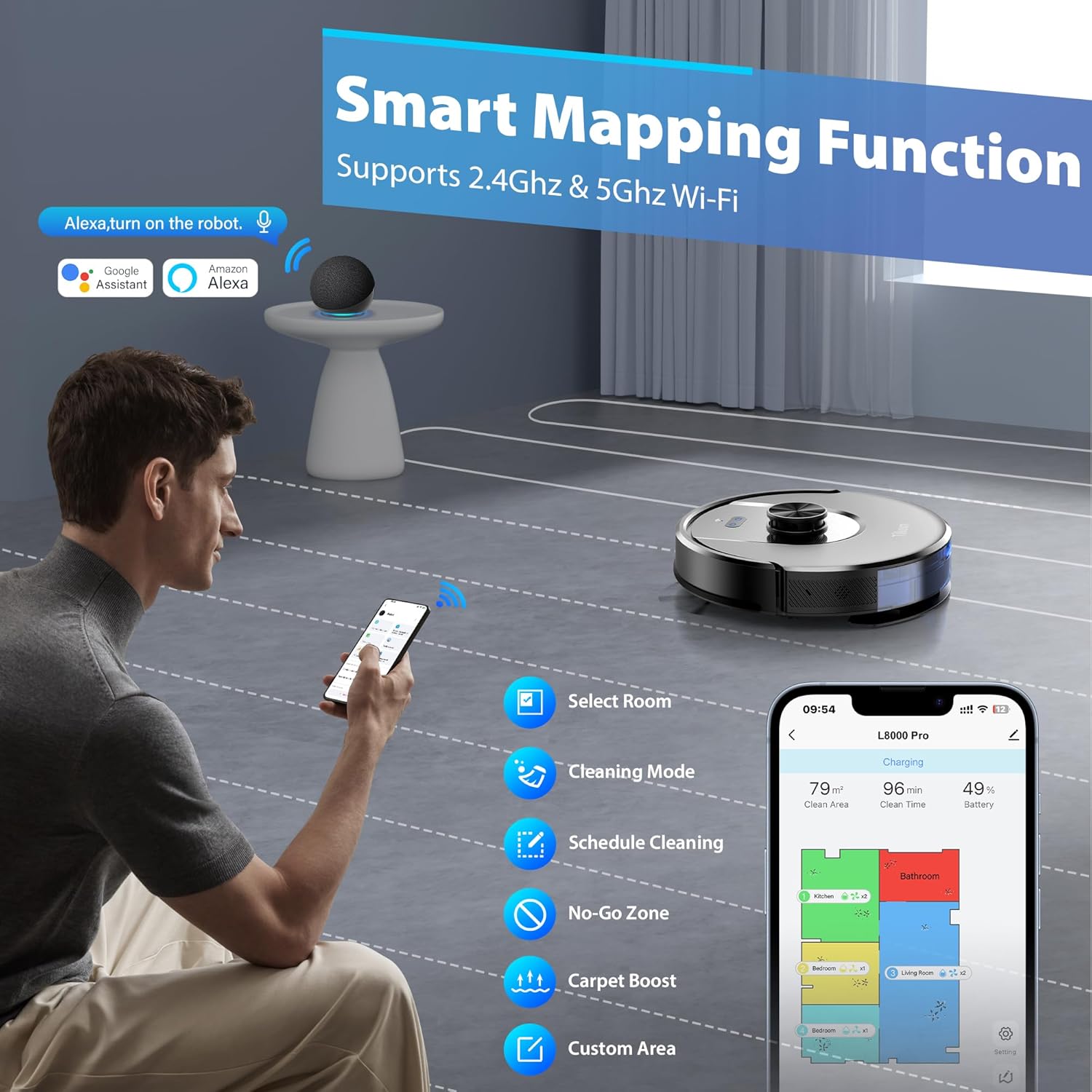 Tikom Robot Vacuum and Mop Combo, 6000 Pa Automatic Robotic Vacuum Cleaner, Smart Mapping, 150 Min Max, Ideal for Pet Hair, Hardfloors, Carpets, Home(L8000 Pro)