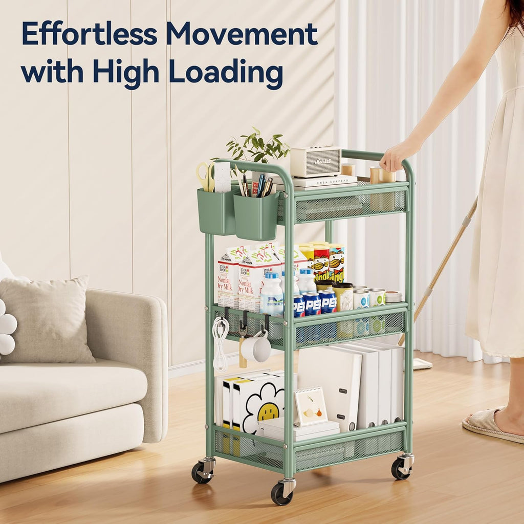 YASONIC 3 Tier Rolling Cart – Metal Utility Storage Cart with Wheels, Craft Carts Organizer with Hanging Cups, Hooks, Mesh Basket for Bedside Kitchen Office Art, Green
