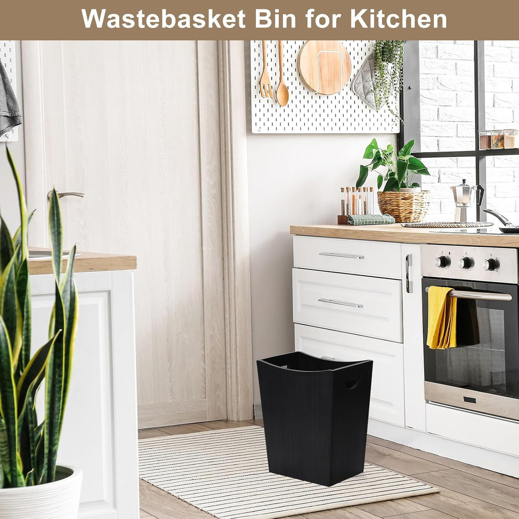 SEHERTIWY Wood Trash Can, Farmhouse Wastebasket Bin for Bathroom, Office, Bedroom, Living Room, Small Square Rustic Garbage Container (Wood-Black)