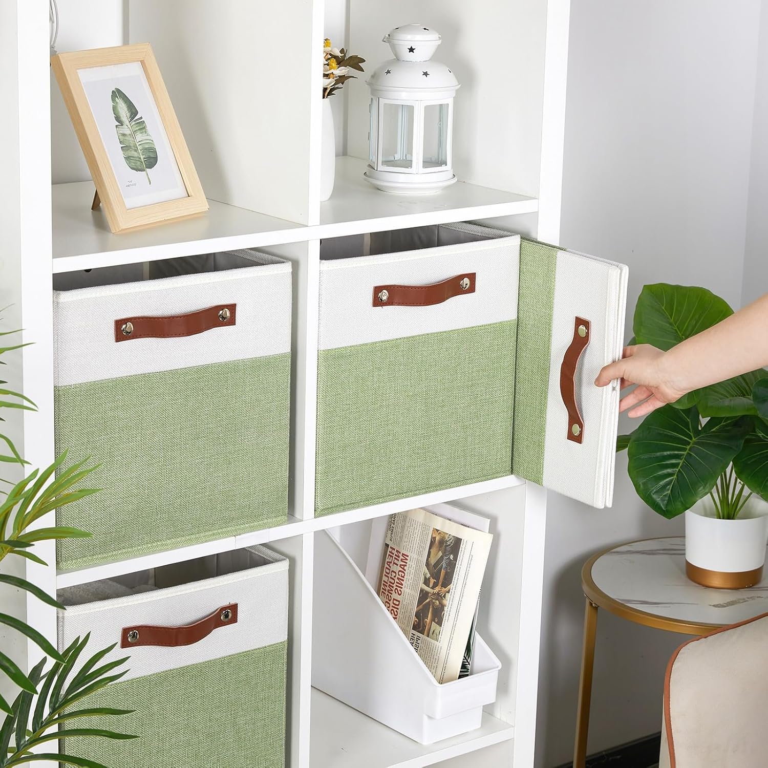 HNZIGE Fabric Storage Cubes for Shelves Set of 4 ,Storage Cubes Baskets 12 x12, Decorative Storage Bins Basket with Handles, Green Baskets for Organizing Home Nursery(Green White)